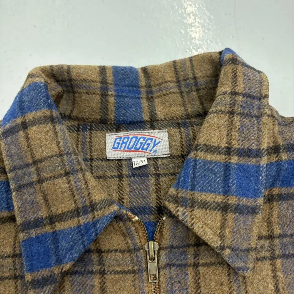 Vintage 90s Groggy Brown/Blue Plaid Wool Fleece Shirt Jacket - Picture 4 of 4